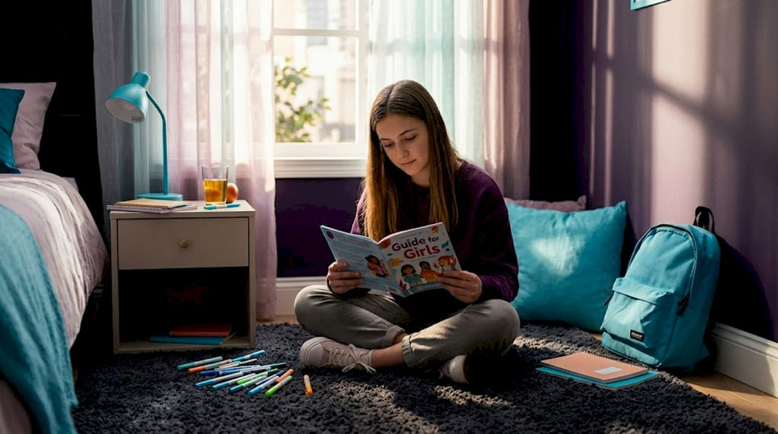Teen girl reading period guide on sofa