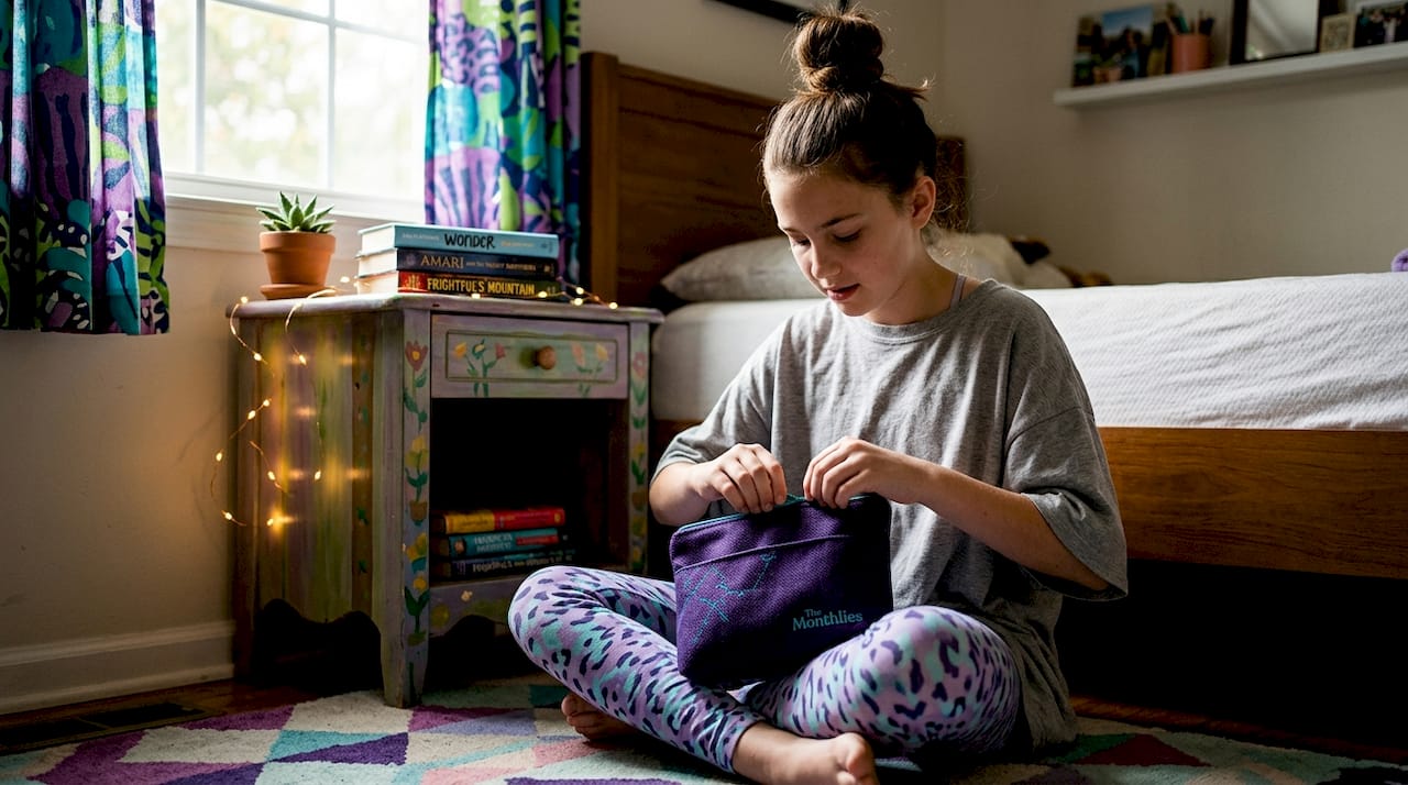 Girl examining period kit on sunlit bed