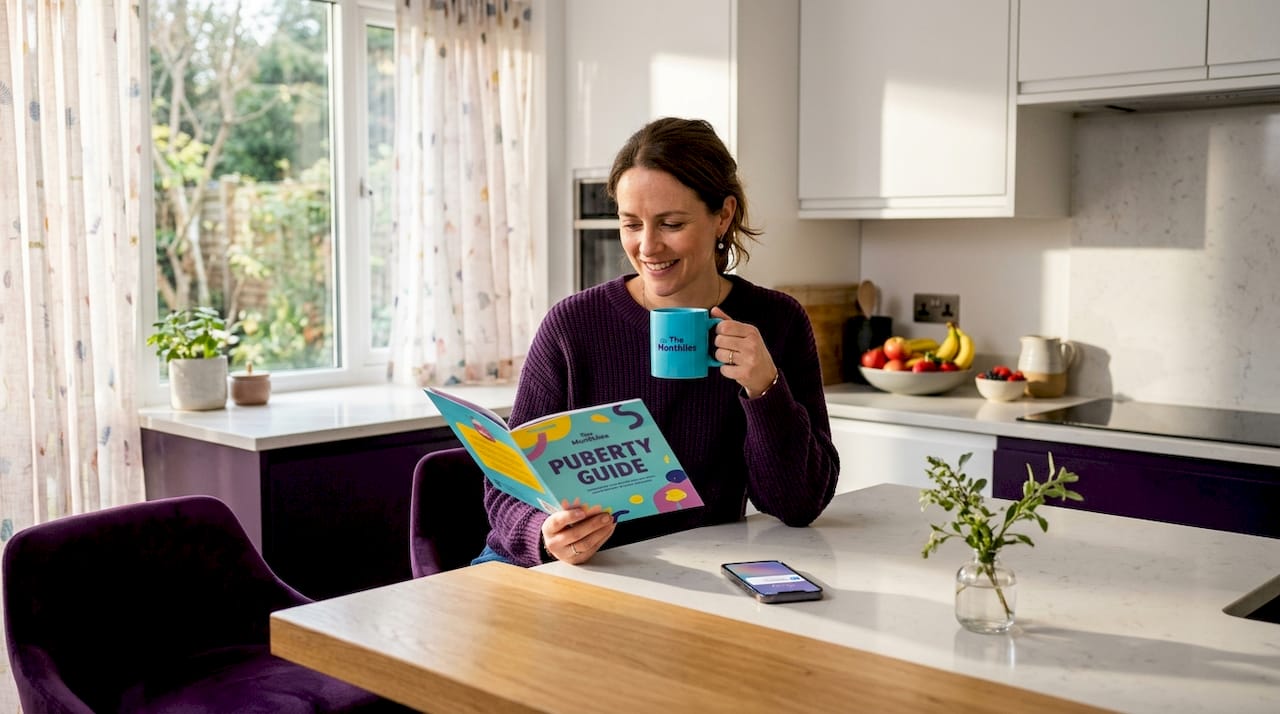 Parent reading a puberty guide in kitchen