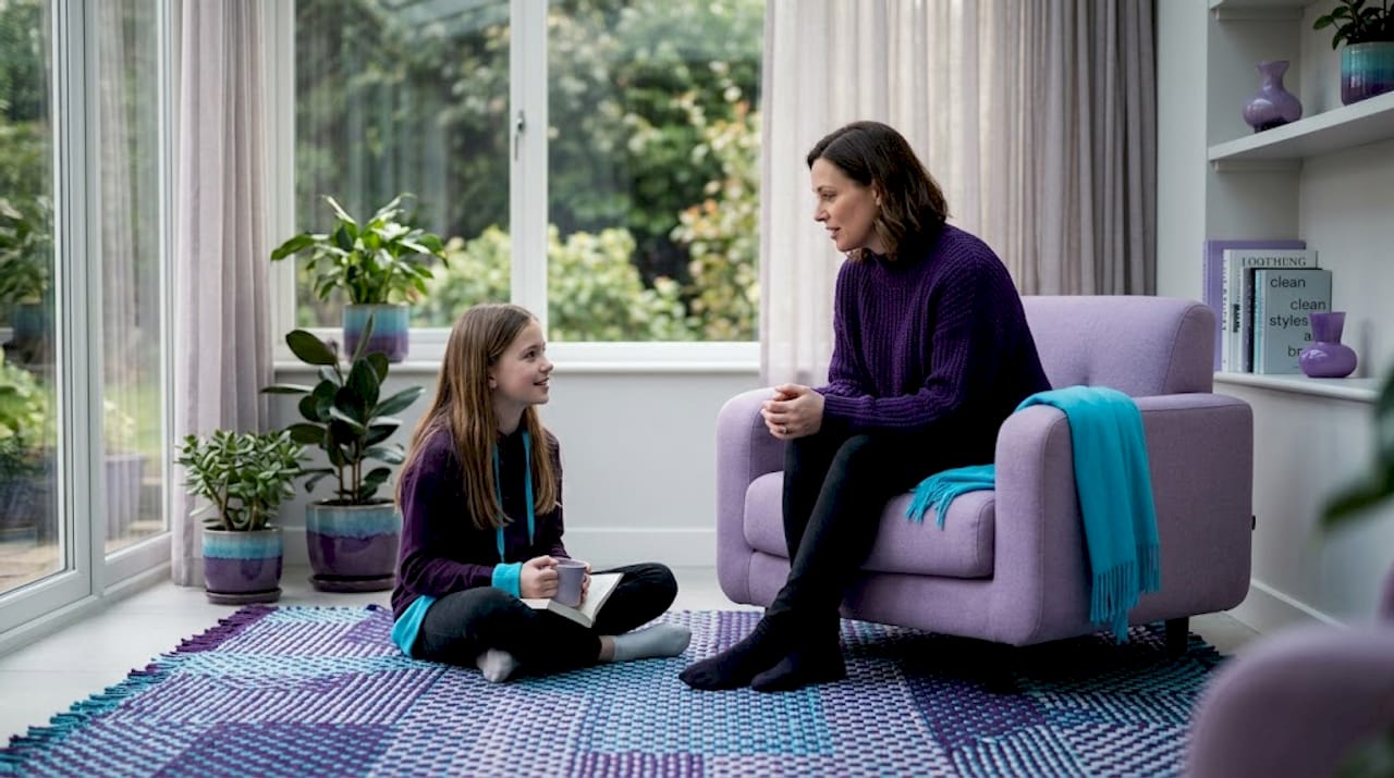 Mom and daughter having a living room talk