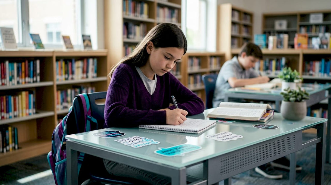 Tween girl writing quietly in school classroom