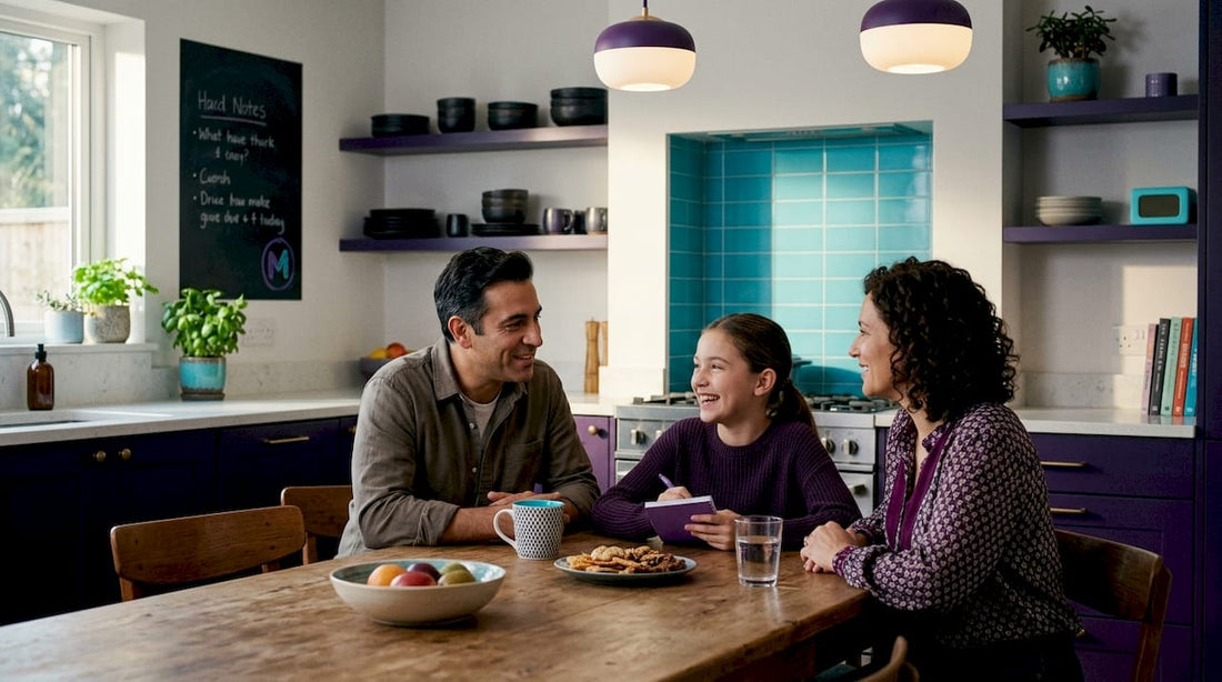 Family supporting daughter at kitchen table