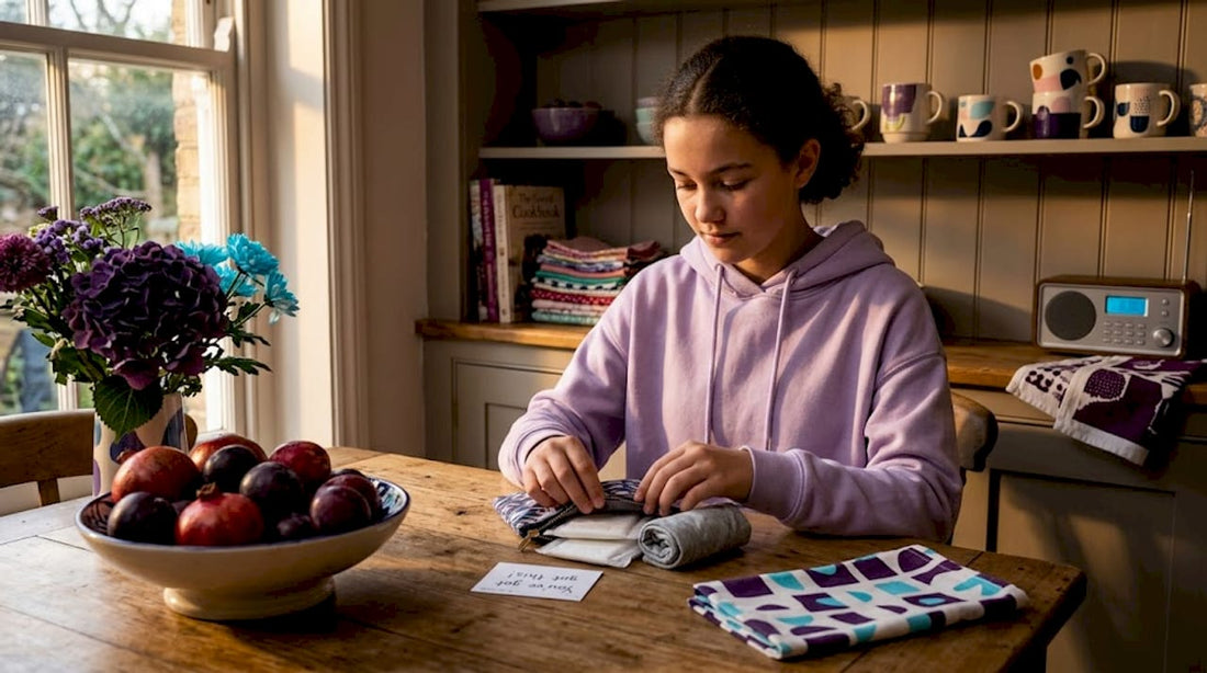 Teen girl preparing period kit in kitchen