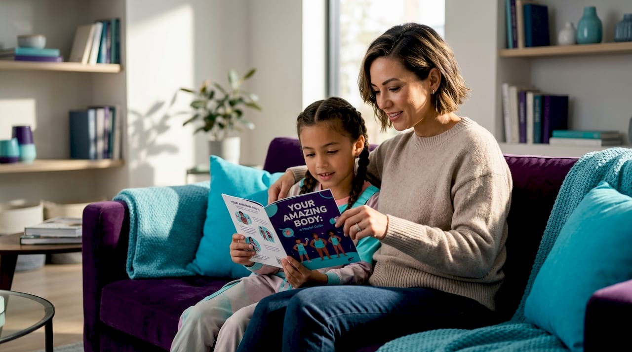 Mother talking to daughter about periods at home