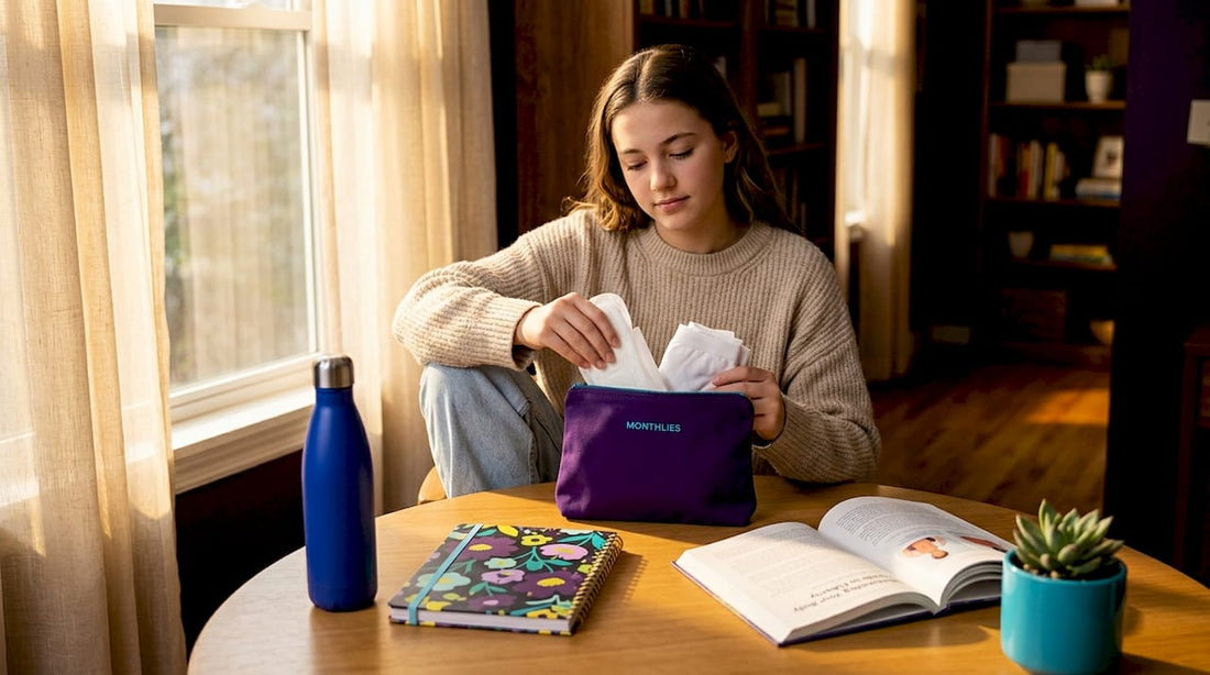 Teen girl preparing first period care kit