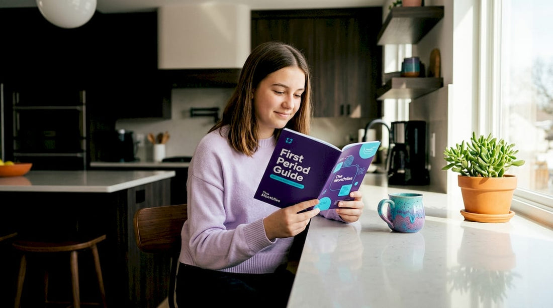 Teen girl reading first period guide