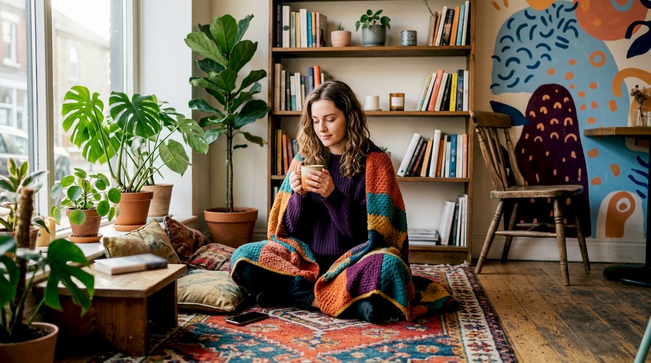 Woman relaxing with tea and period care items at home