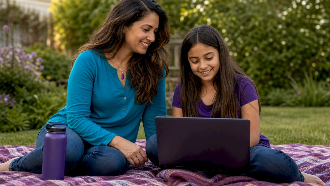 Mom discussing first period with daughter at home
