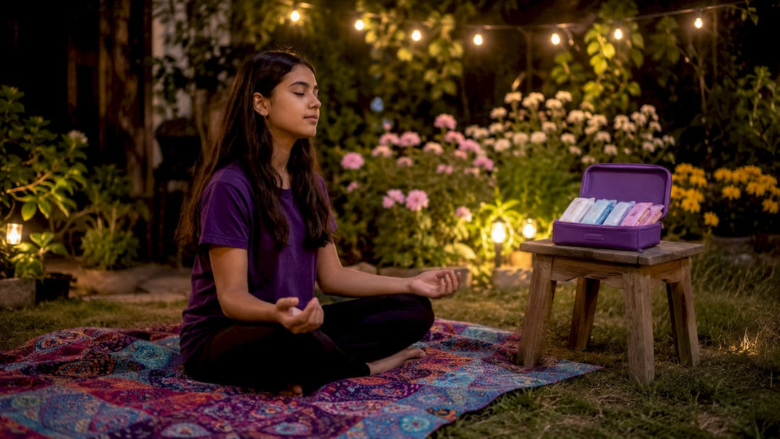 Teen girl calmly practicing breathing at home