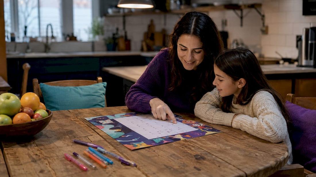 Mother and daughter marking period calendar