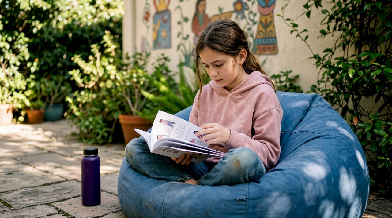 Preteen girl reading puberty booklet at desk