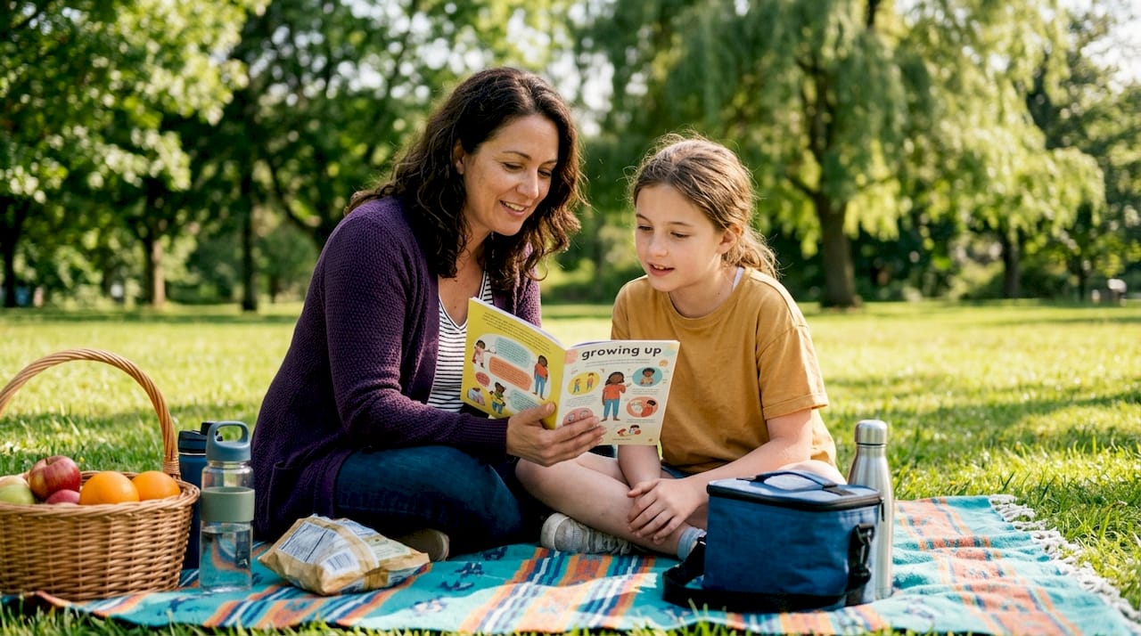 Mother explaining puberty to daughter at table