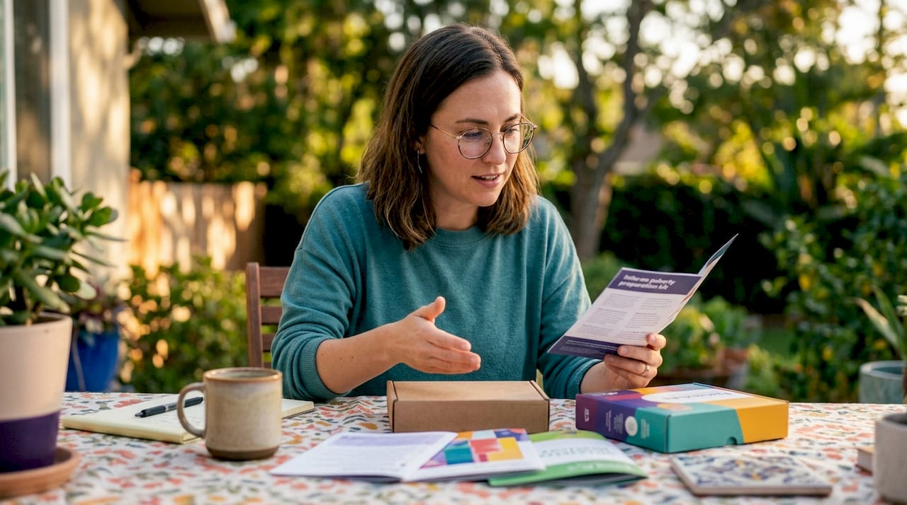 Woman comparing puberty preparation kits at kitchen table