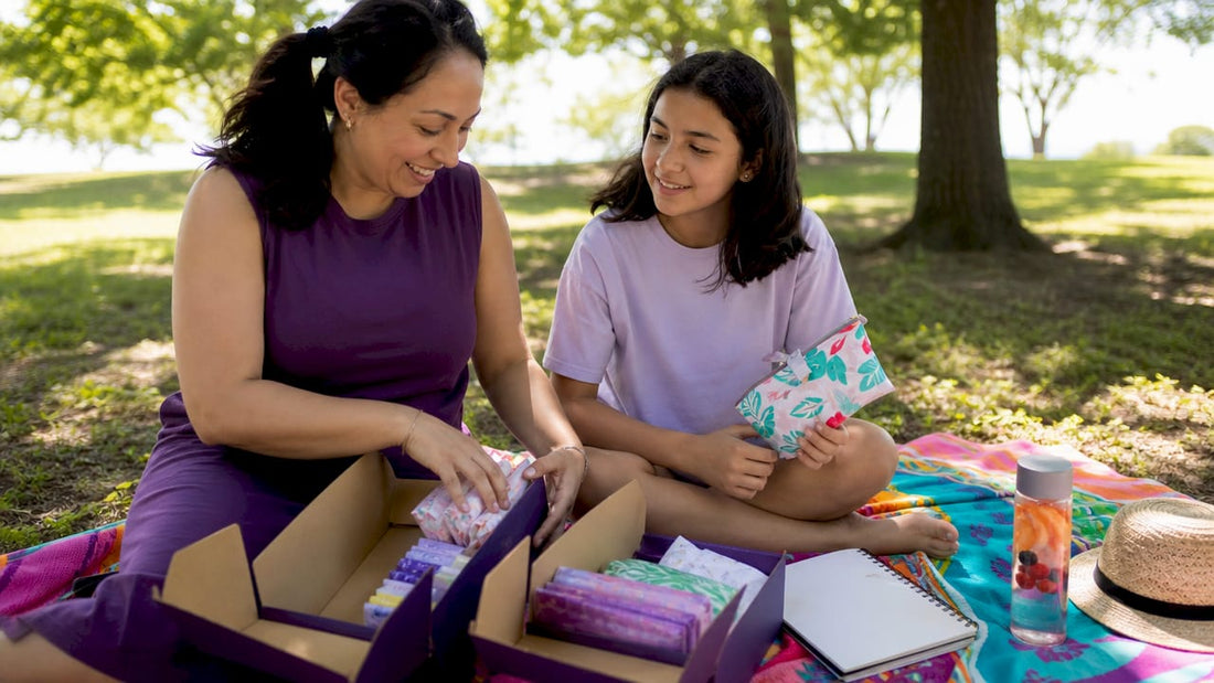 Mother and teen preparing first period care kit