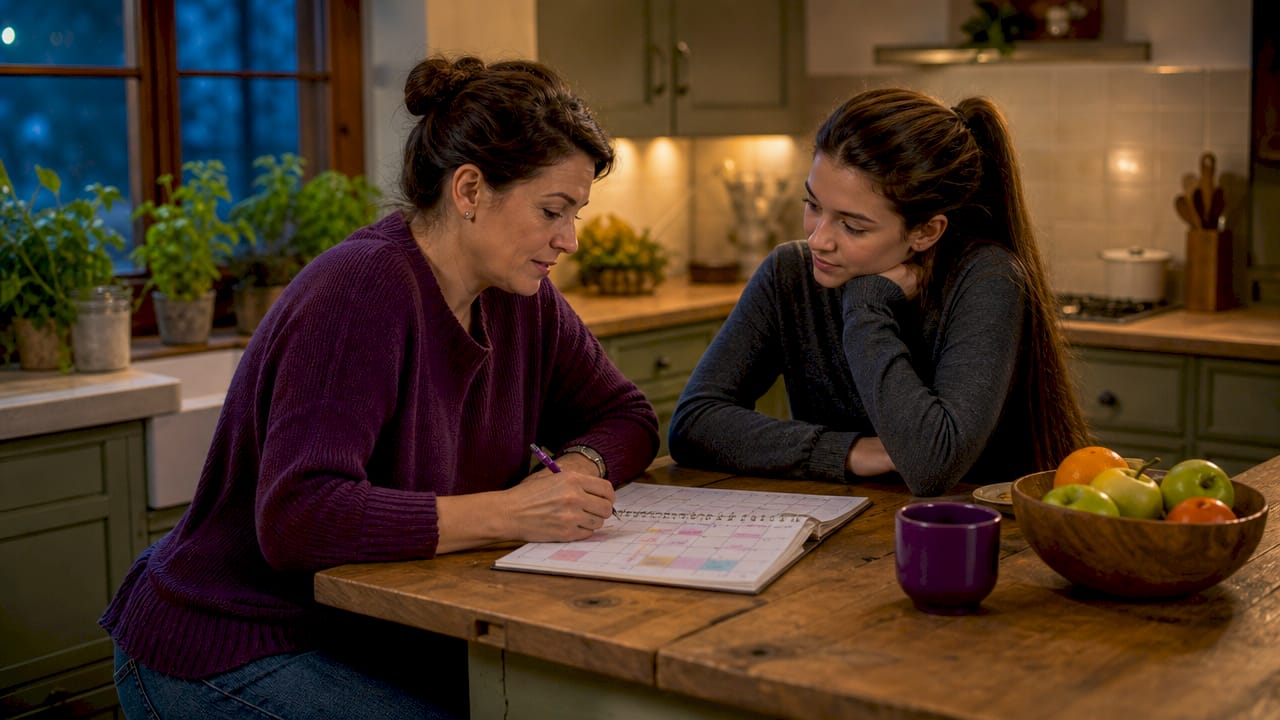 Mother and daughter discussing first period together
