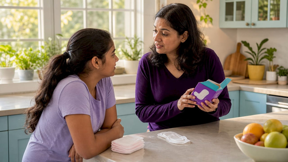 Mother explaining period hygiene to daughter