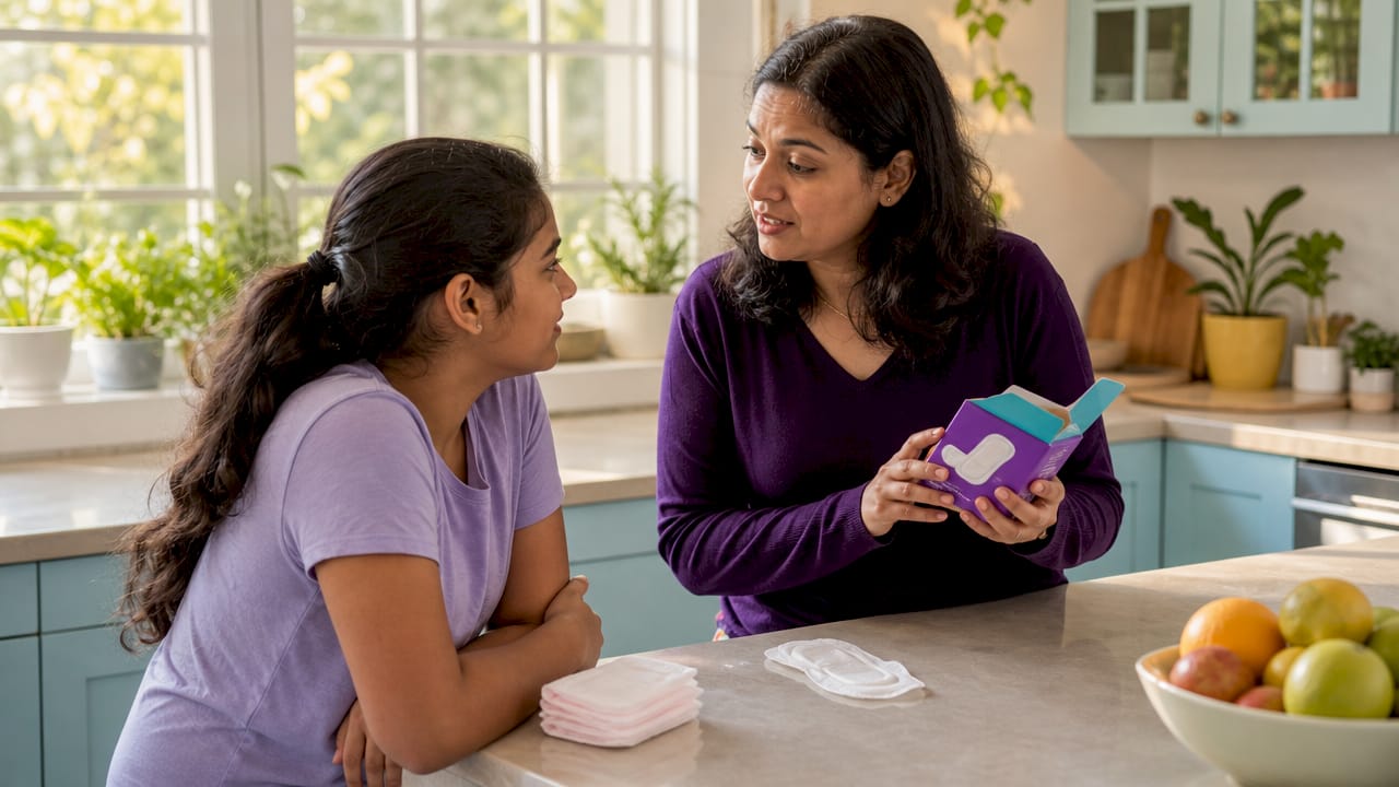 Mother explaining period hygiene to daughter