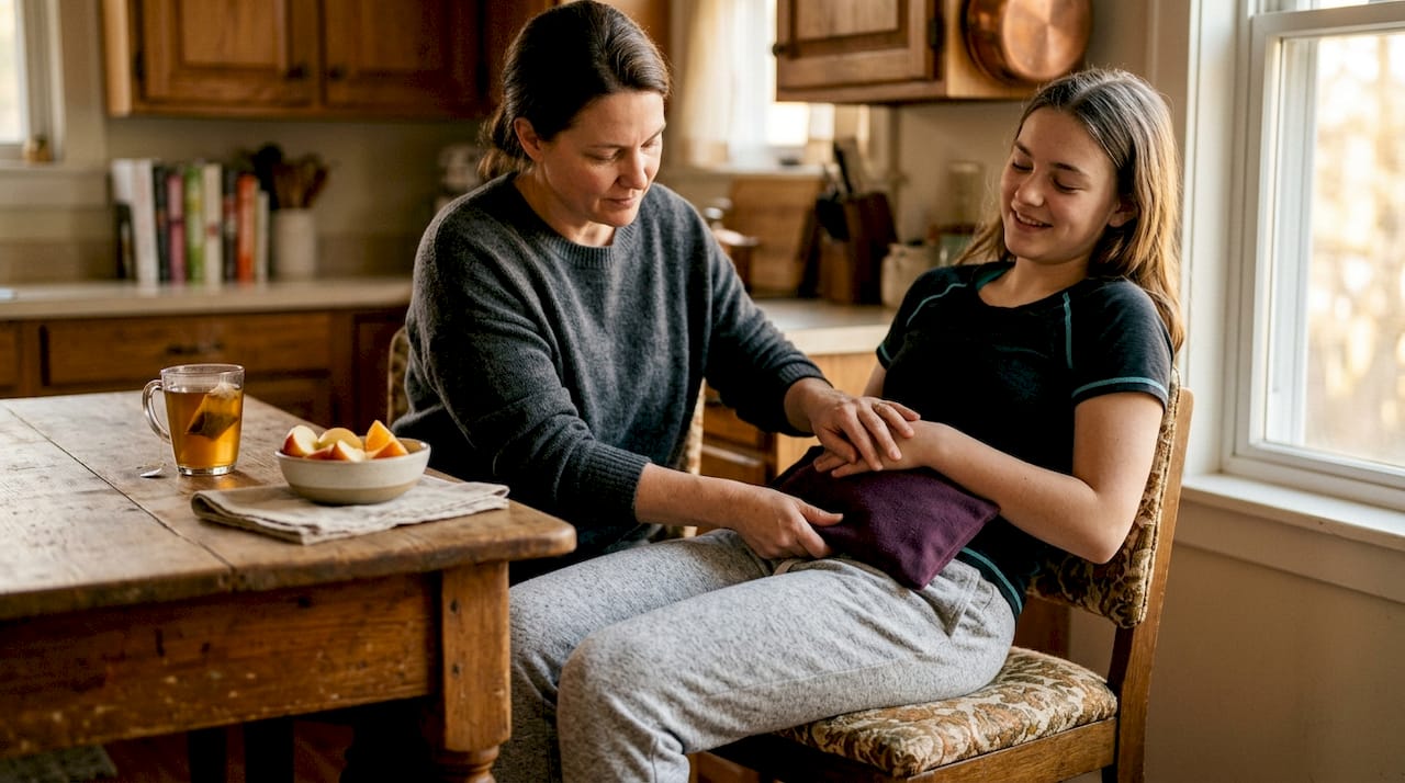 Mother comforting daughter with heating pad