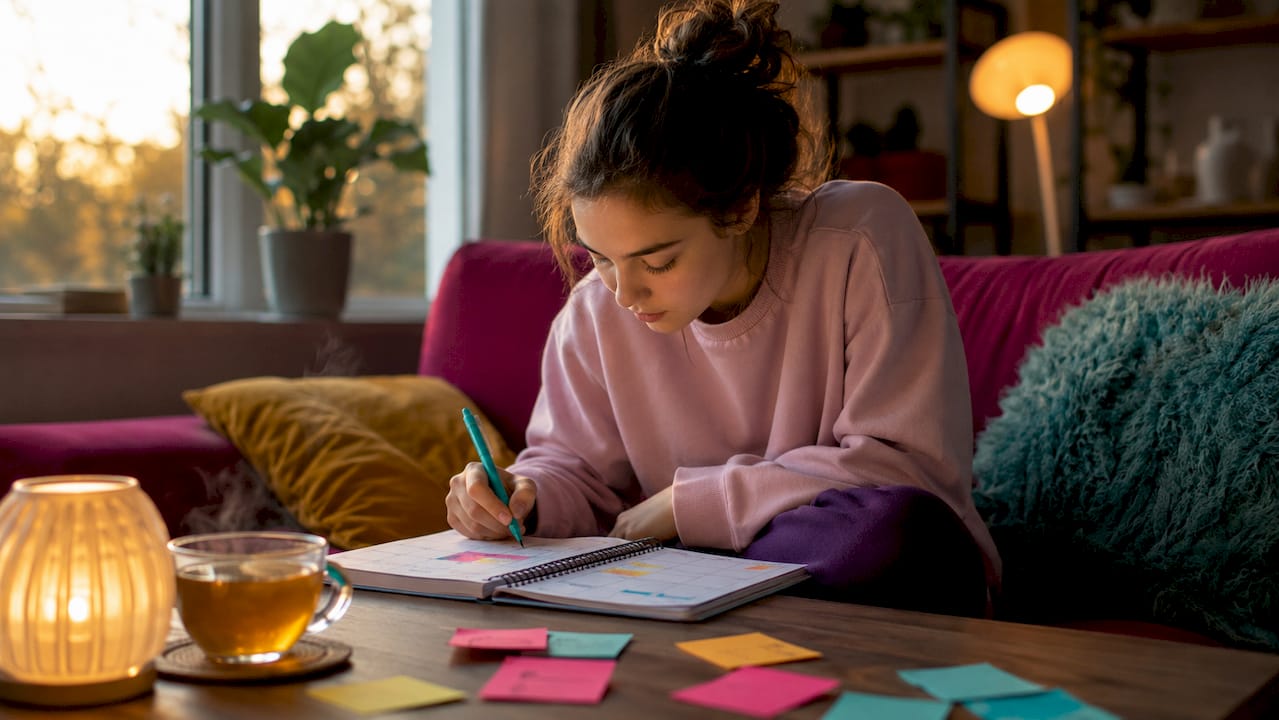 Teen girl marking menstrual cycle on calendar