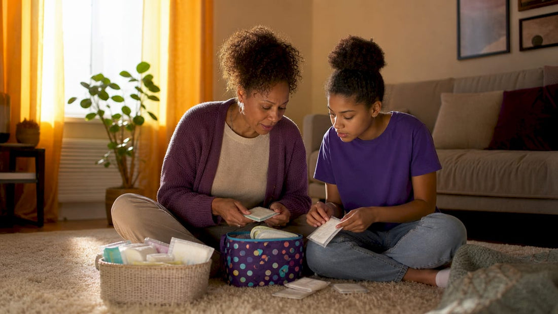 Mother and daughter packing a period bag at home