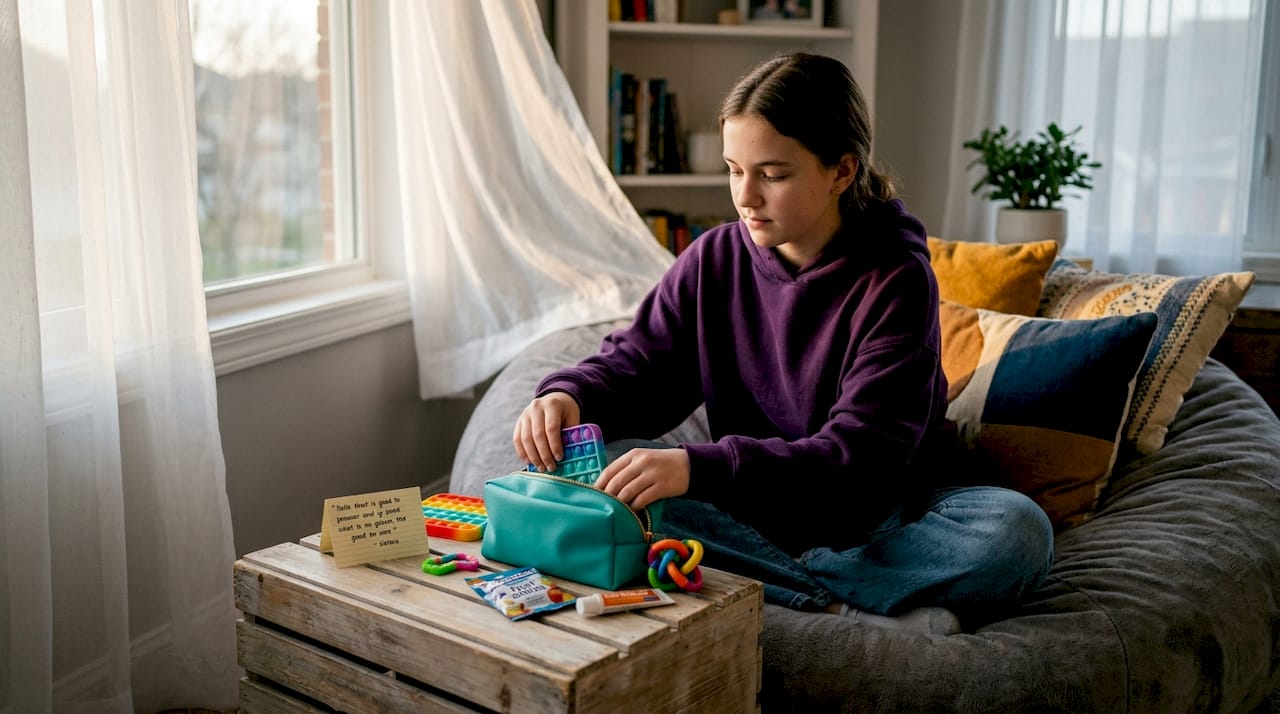 Teen organizing self care kit items on bedroom floor