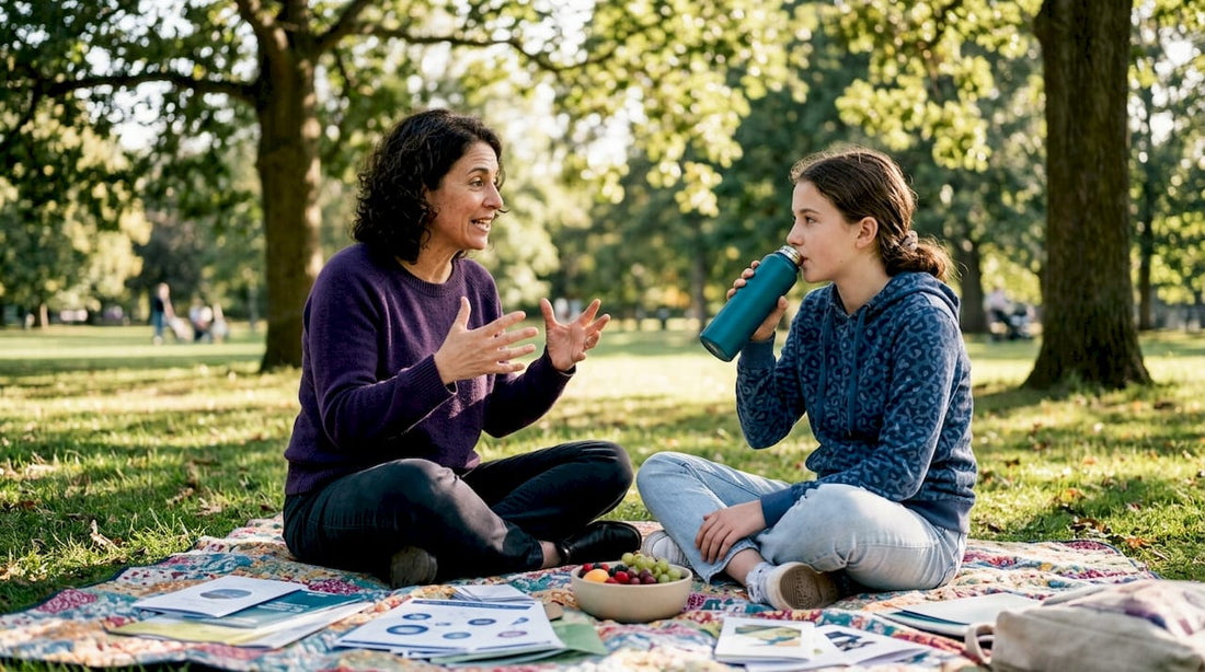 Mother explaining first period clots to daughter