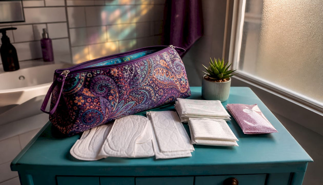 Open period bag with essentials on dresser