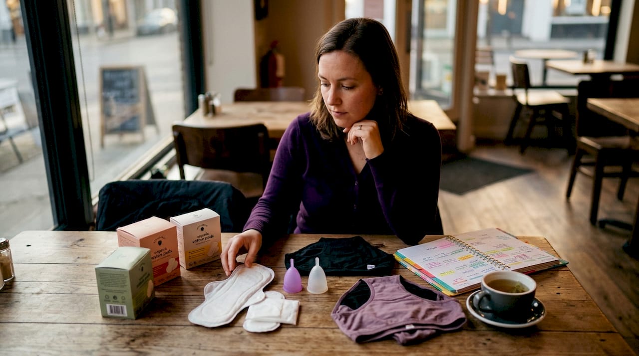 Woman reviewing clean period products at kitchen table