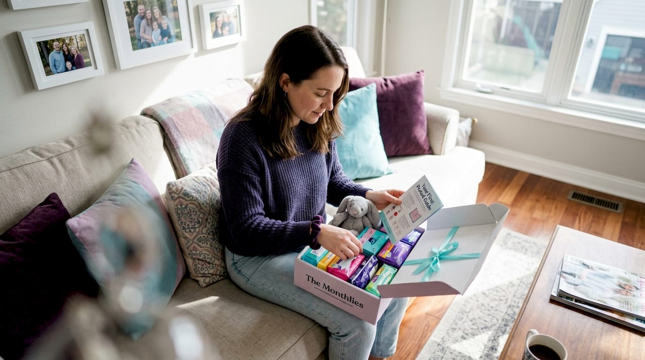 Mother unpacking first period kit at kitchen table