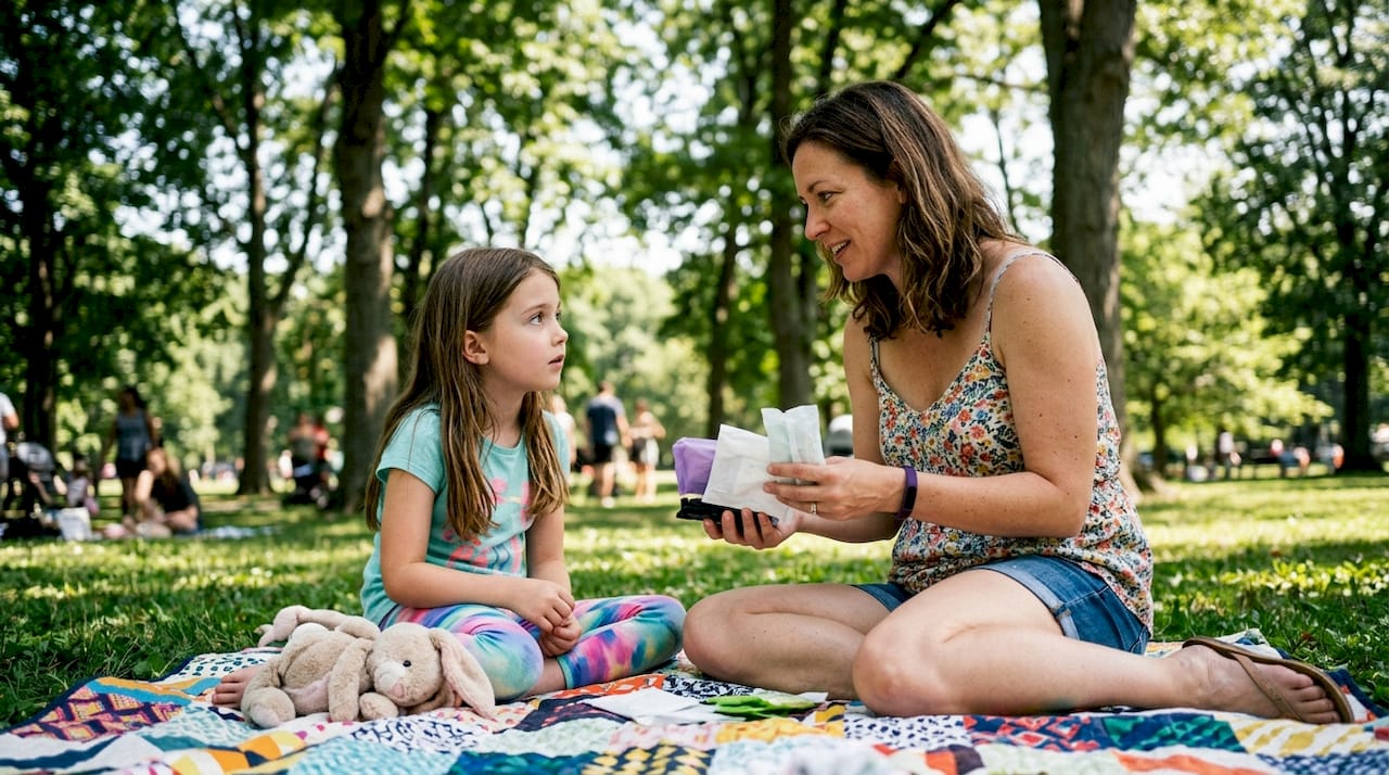 Mother explaining menstrual products to daughter in living room