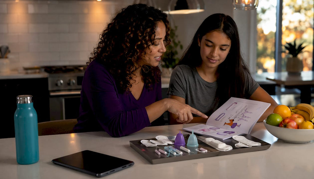 Mother and daughter discussing menstrual products