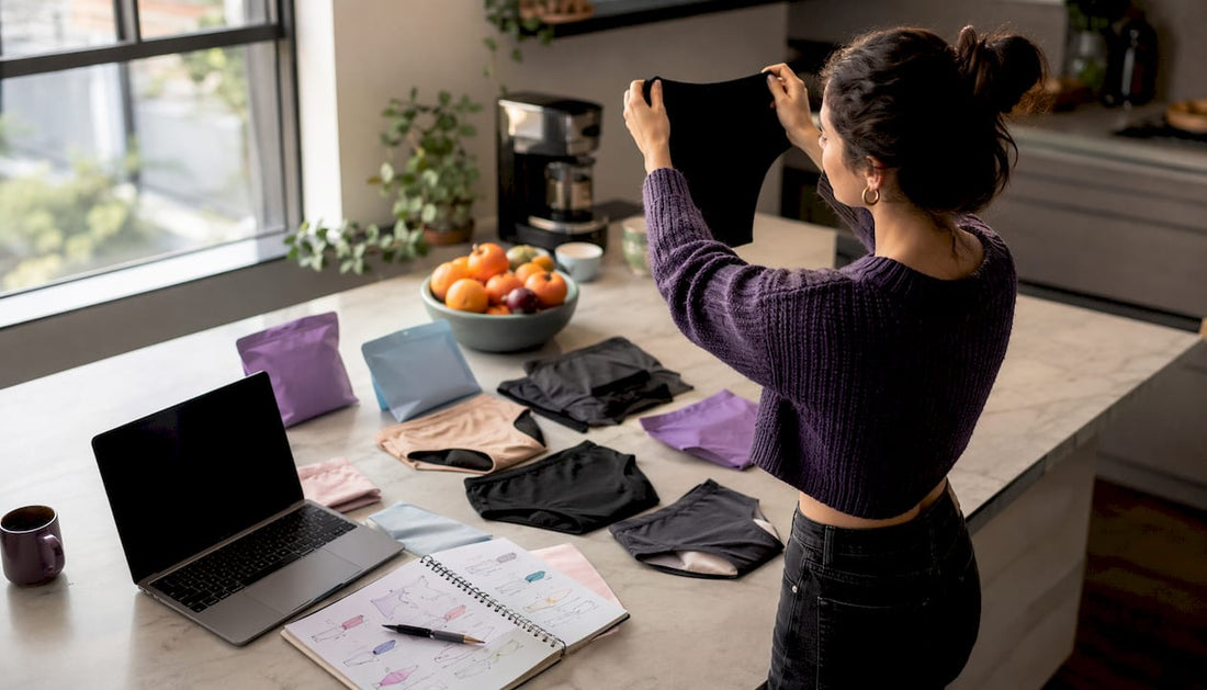 Woman comparing period underwear brands at home