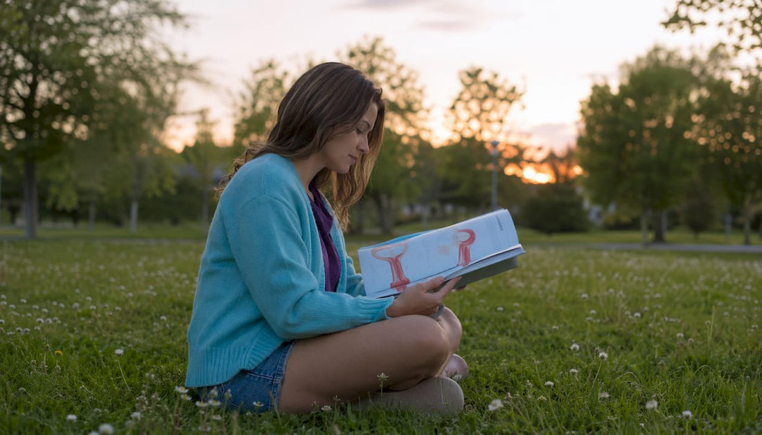 Woman studying uterus anatomy for period cramps