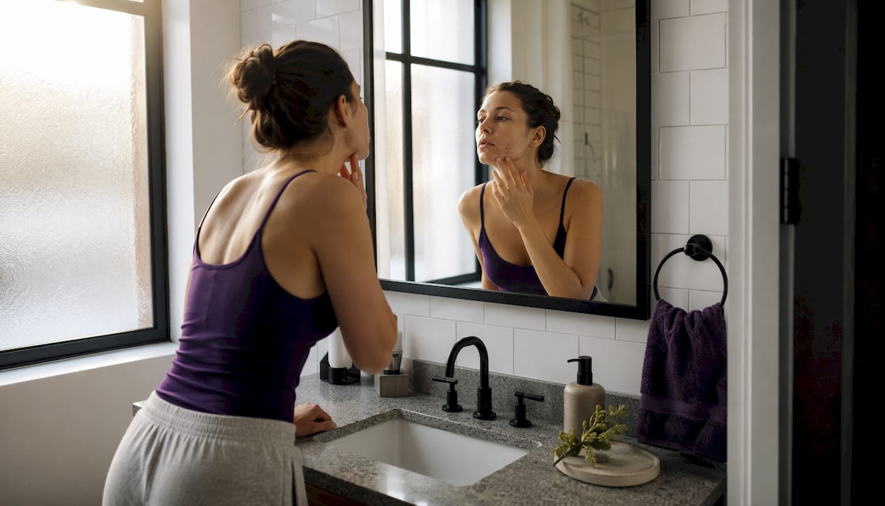 Woman examining skin breakout in mirror