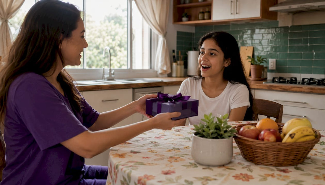 Mother gifting first period kit to daughter