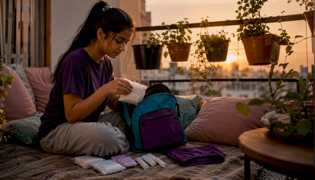 Teen girl packing period kit in backpack