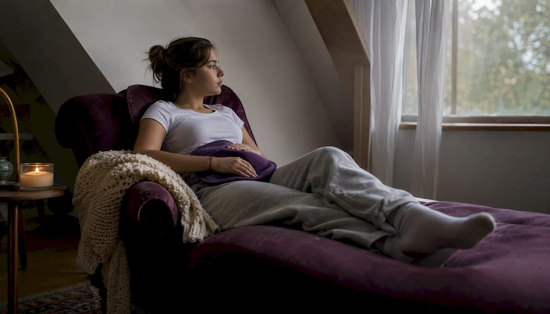 Teen girl using heating pad at home for cramps