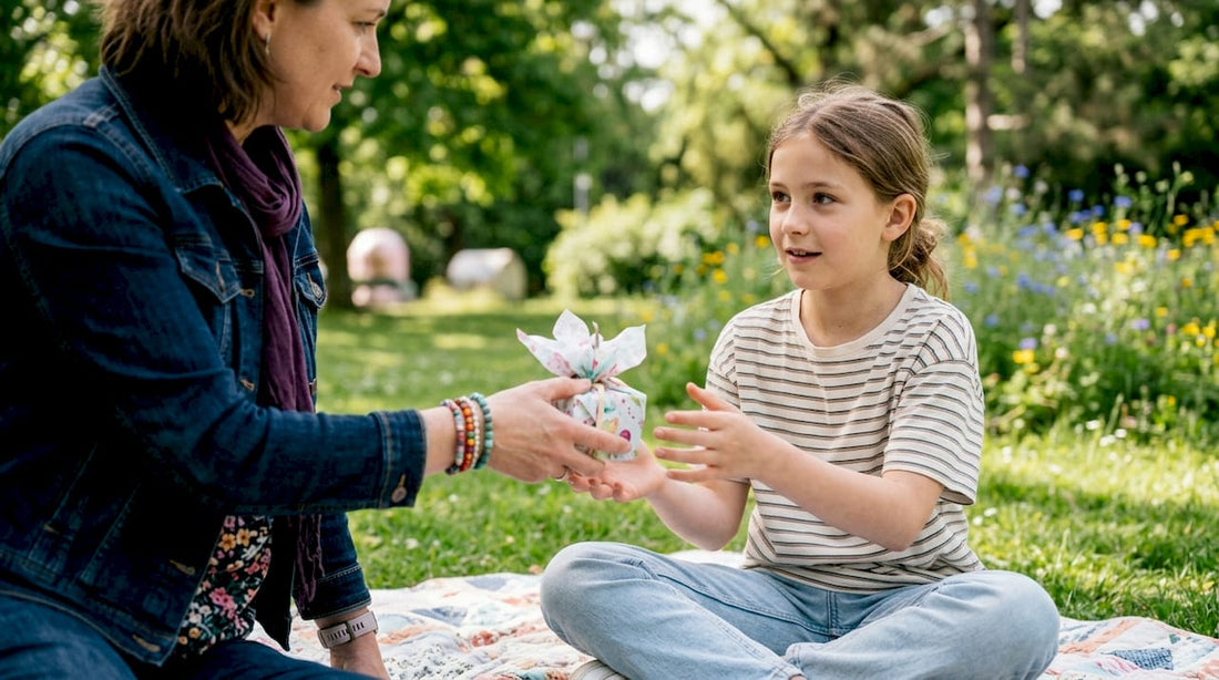 Young girl receiving a first period gift at home