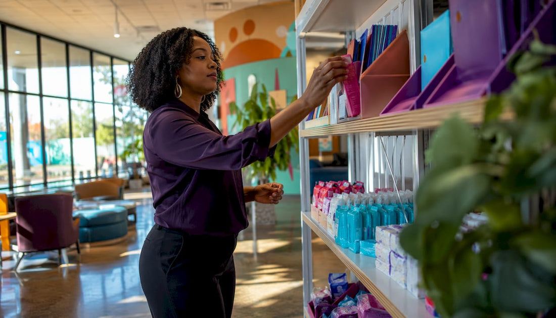 Librarian arranging menstrual health supplies on shelf