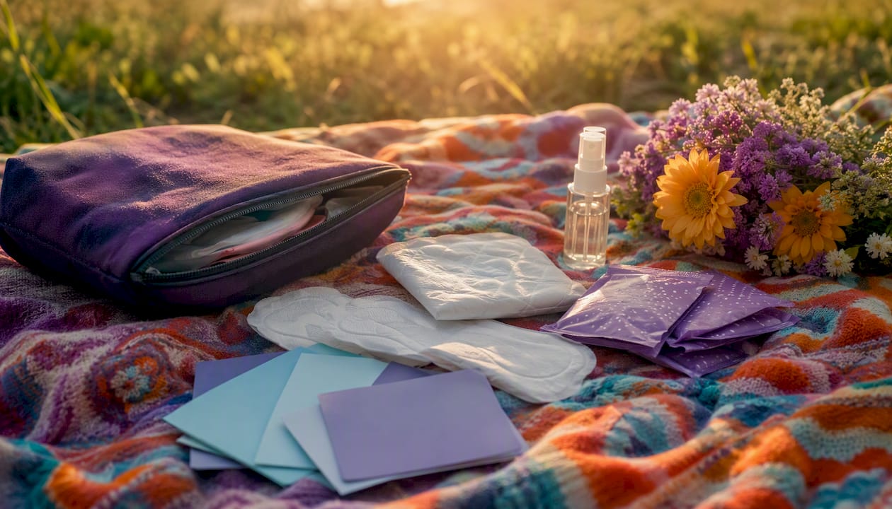 Open period care pack with pads and pouch