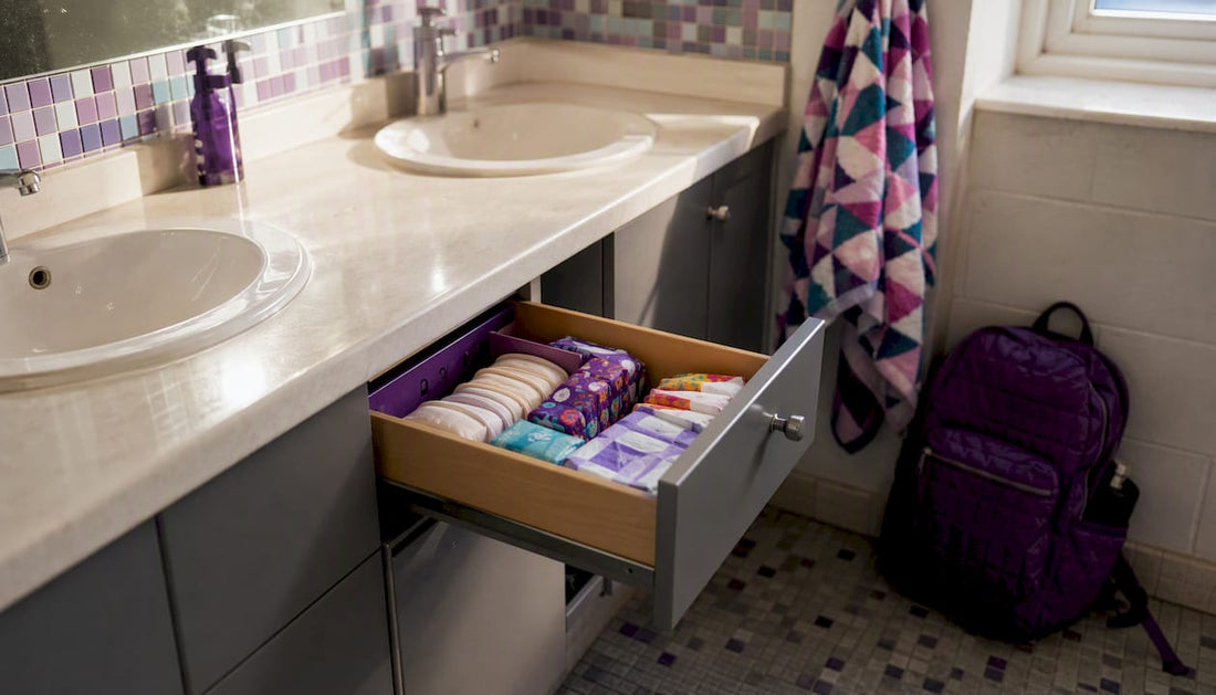 School bathroom cabinet with menstrual products
