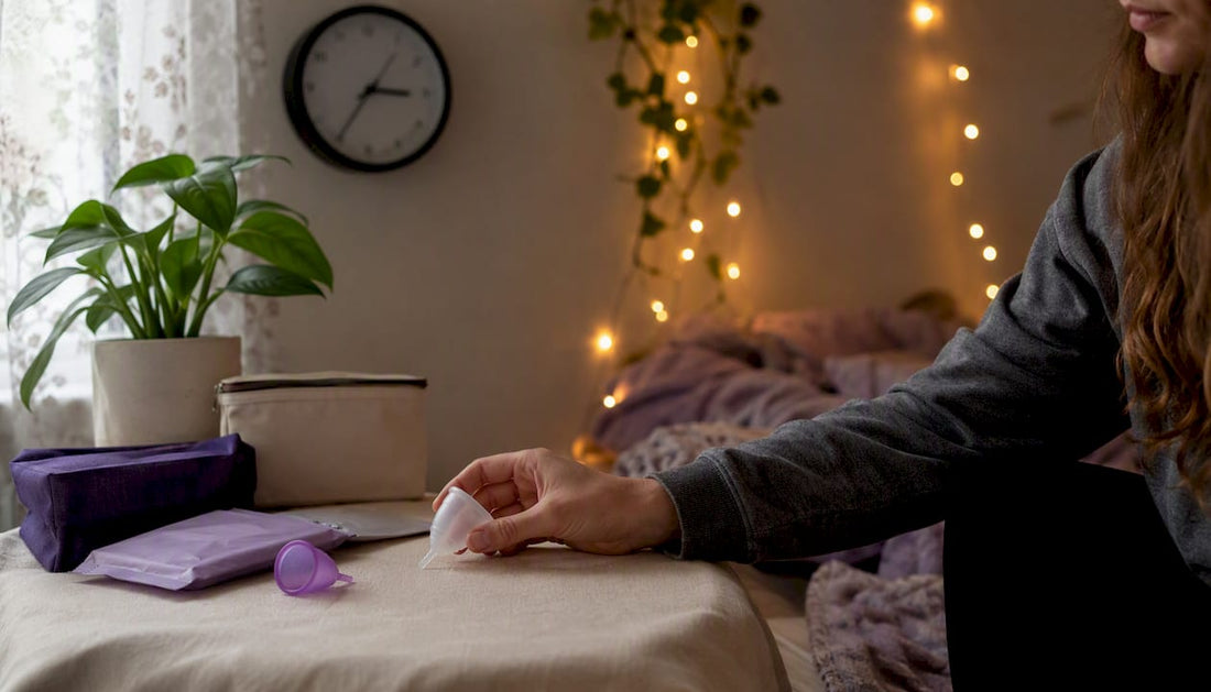 Menstrual care supplies arranged on bedroom dresser