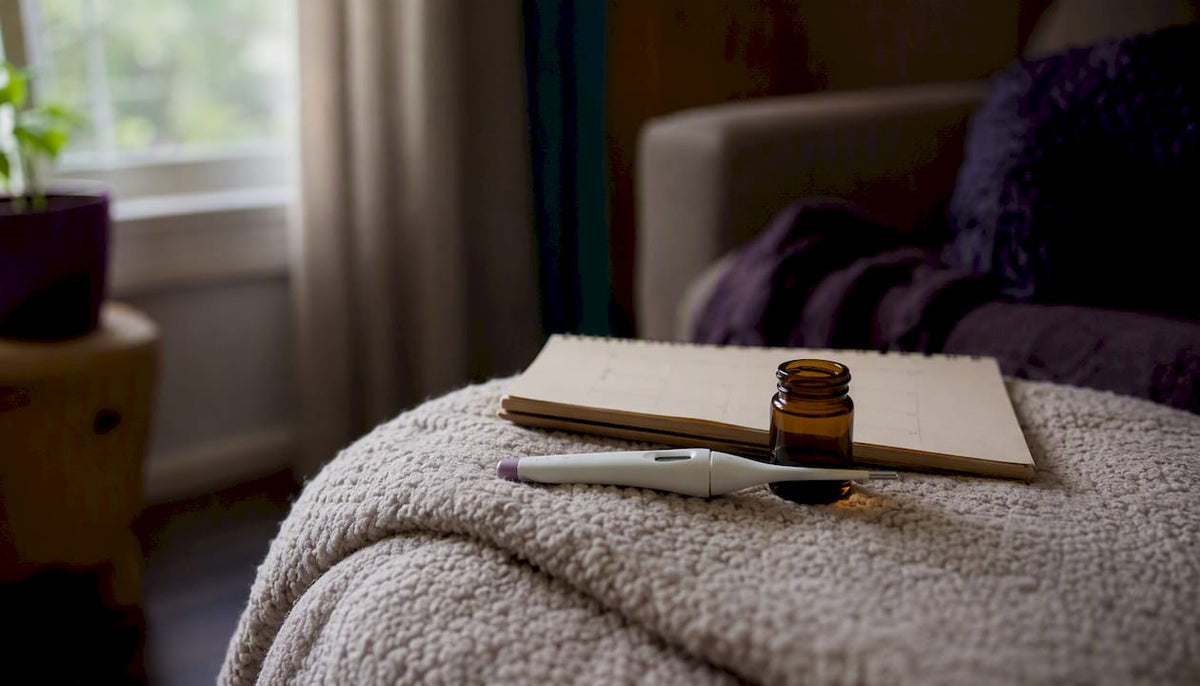 Period tracking tools arranged on bedroom dresser
