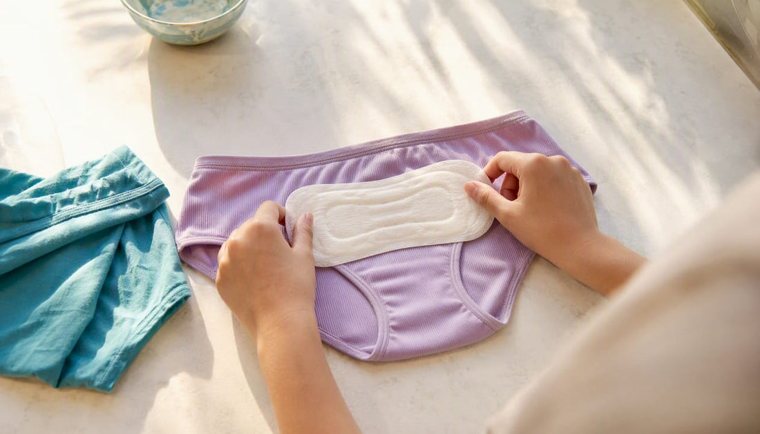 Hands placing menstrual pad on underwear