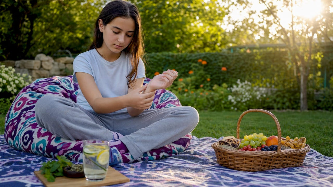 Teen girl using acupressure and ginger tea for nausea relief