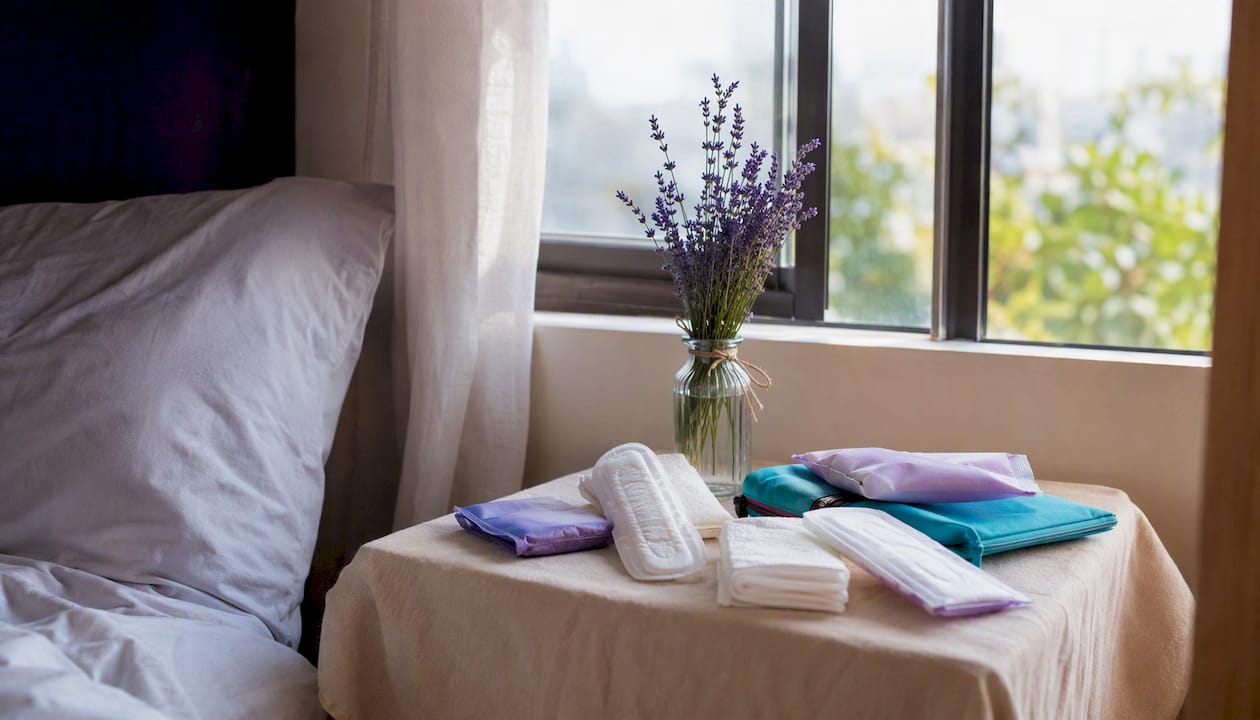 Menstrual hygiene kit with period supplies close-up