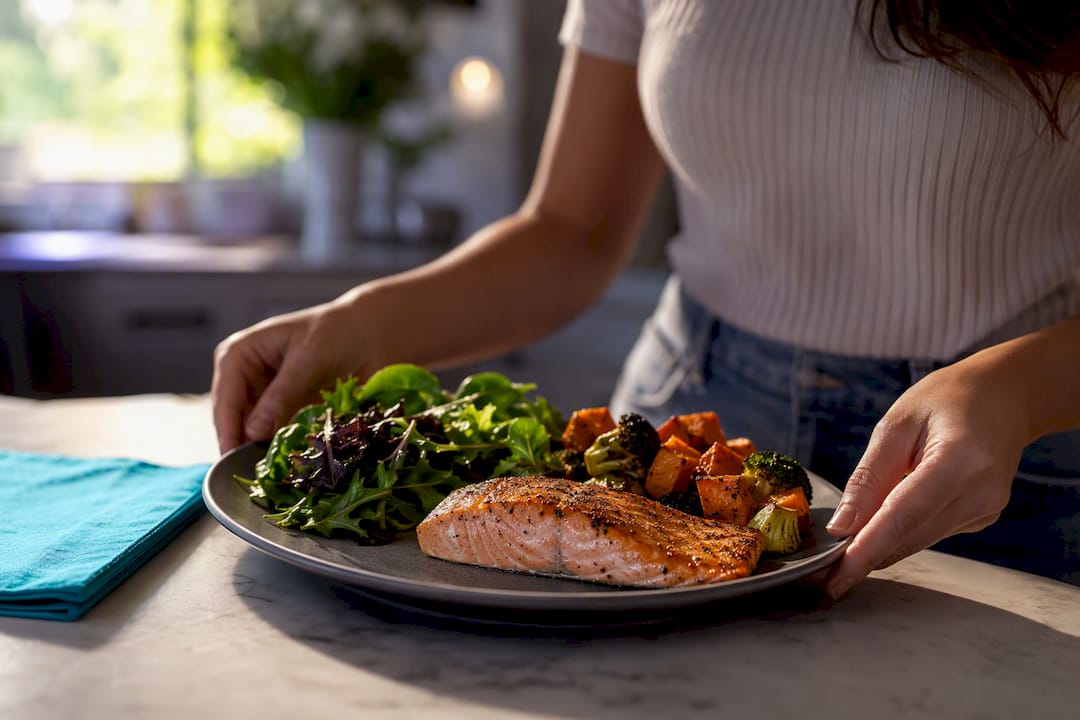 Three-ounce salmon meal with leafy greens