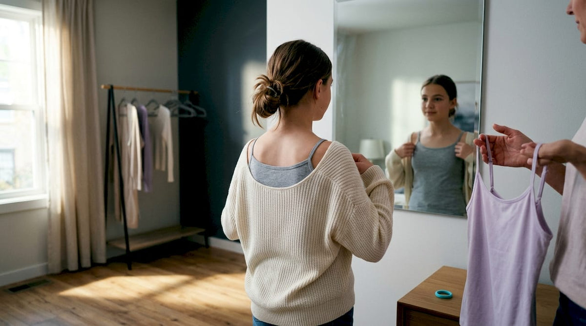 Teen checking clothing fit with parent nearby