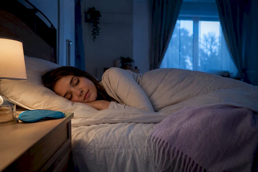 Teen sleeping in a calm dawn-lit bedroom
