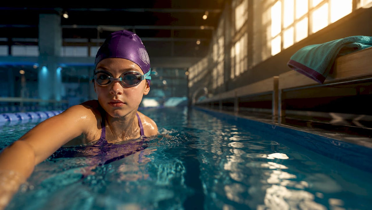 Tween swimmer moving through an indoor pool